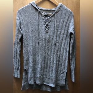 Yarn V Neck Lace Up Criss Cross Long Sleeve Drawstring Pullover Yarn Sweater